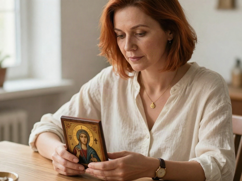 Женщина держит в руках икону святой мученицы с крестом.
